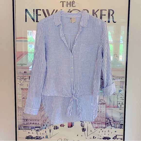 Blue + white striped shirt with tied front and longer back cotton size Medium - Picture 1 of 7